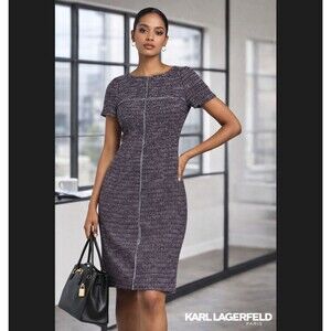 Karl Lagerfeld Paris Tweed Sheath Dress 8 Black Purple Fringe Career Preppy Zip